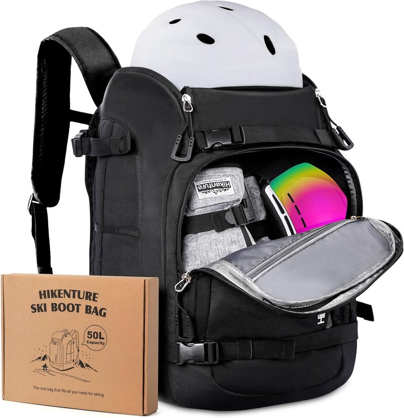 HIKENTURE Ski Boot Bag Backpack, 50L Padded Ski Bag & Snowboard Boot Bag with Drain Holes, Large Capacity Water-Resistant Ski Travel Bag for Ski Boots, Helmet, Goggles, Clothes, Gloves, Snowboard Gear - Image 1